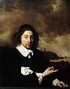 Pieter Cornelis Dommersen Self portrait against landscape background by Jan van Goyen oil